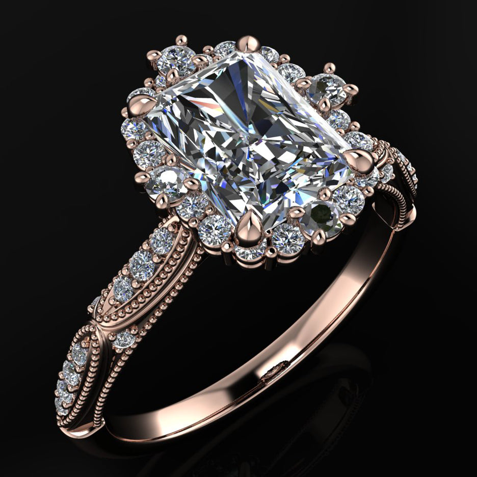 bridget annette ring - radiant cut moissanite engagement ring, colorless moissanite, halo ring