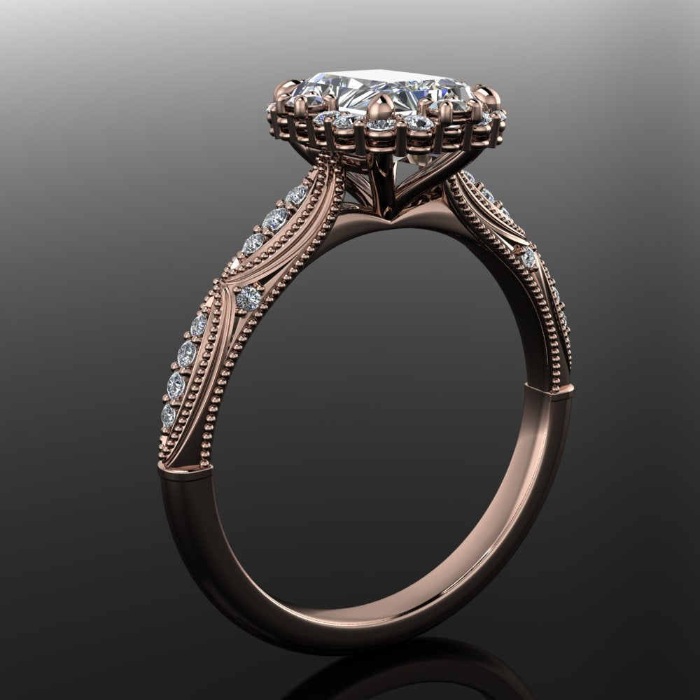 bridget annette ring - radiant cut moissanite engagement ring, colorless moissanite, halo ring