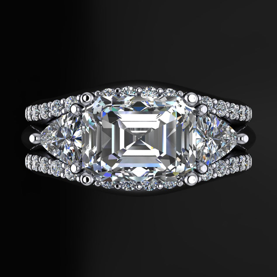Erin ring - 3 stone lab grown diamond engagement ring - pair of matching wedding bands
