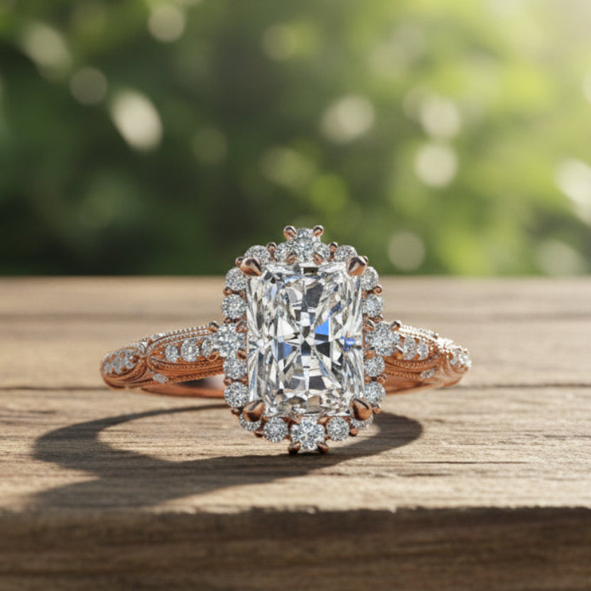 Rose gold ring with a large diamond and smaller diamonds on a reflective surface