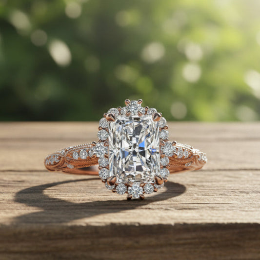 Rose gold ring with a large diamond and smaller diamonds on a reflective surface