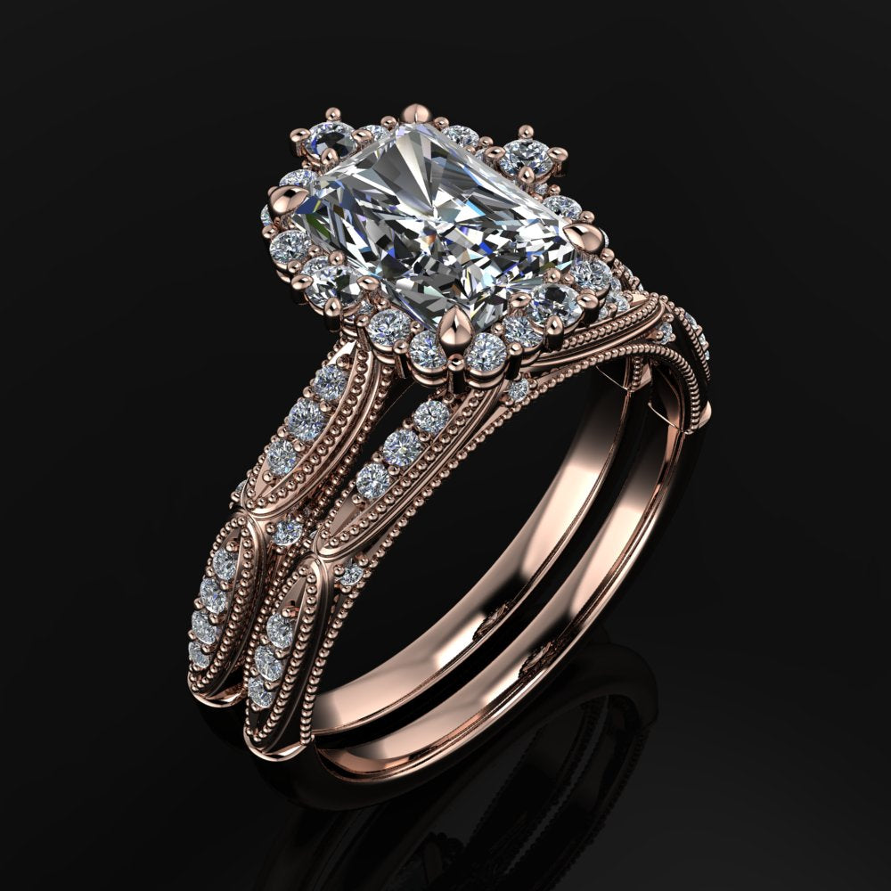 bridget annette ring - radiant cut moissanite engagement ring, colorless moissanite, halo ring