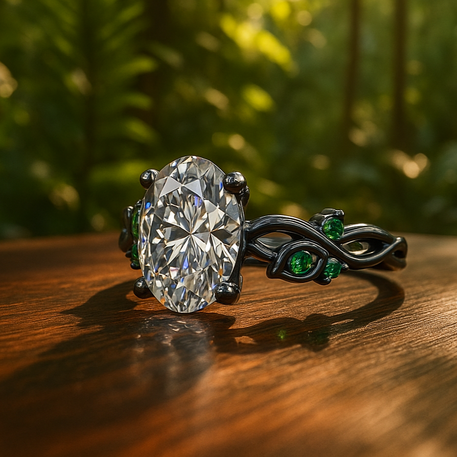 1.5 carat oval engagement ring with leaves and green sapphires on a table 