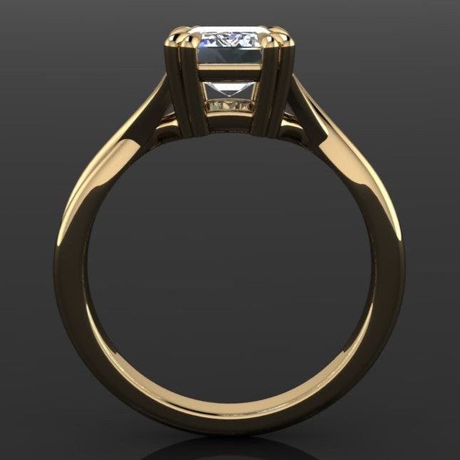 1.5 carat emerald lab grown diamond engagement ring with a split band and double claw prongs, profile view 2