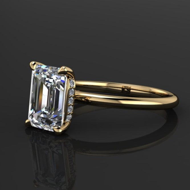 2 carat emerald lab grown diamond solitaire with hidden halo , 14k yellow gold