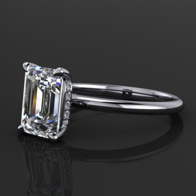 2 carat emerald lab grown diamond solitaire with hidden halo , platinum