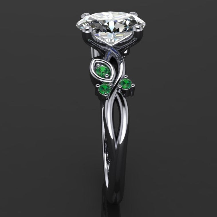1.5 carat oval engagement ring with leaves and green sapphires - side view