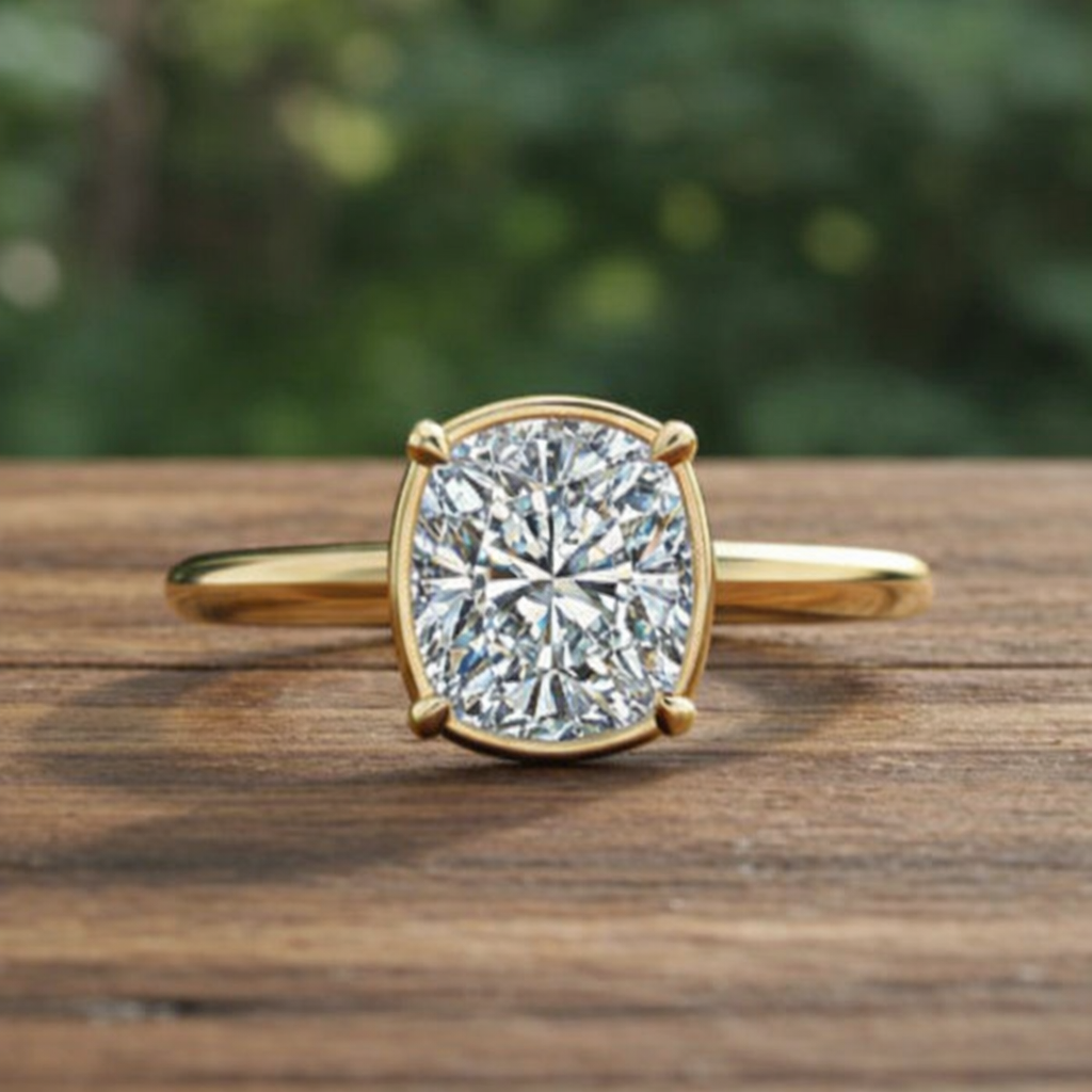 Gold ring with a large diamond on a wooden surface with a blurred green background