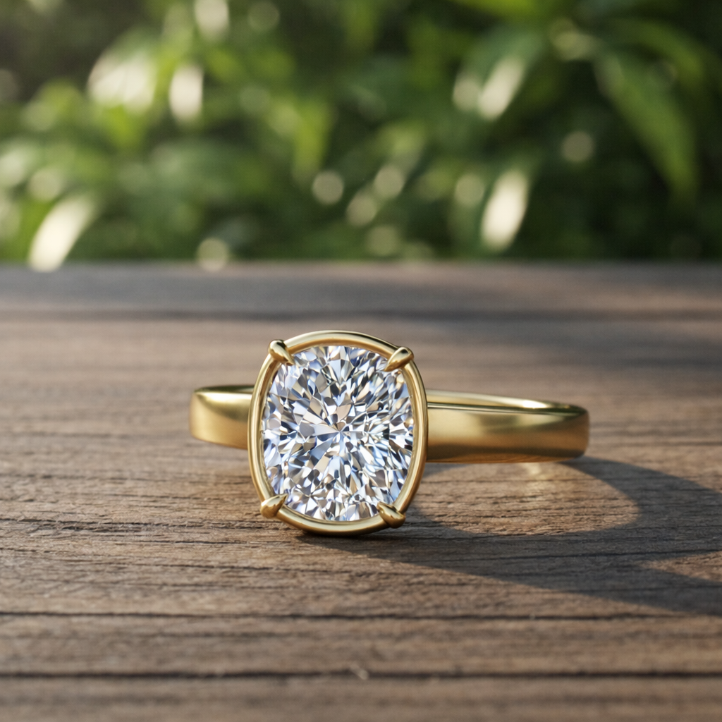 Cushion diamond ring on a wooden table with greenery in the background.