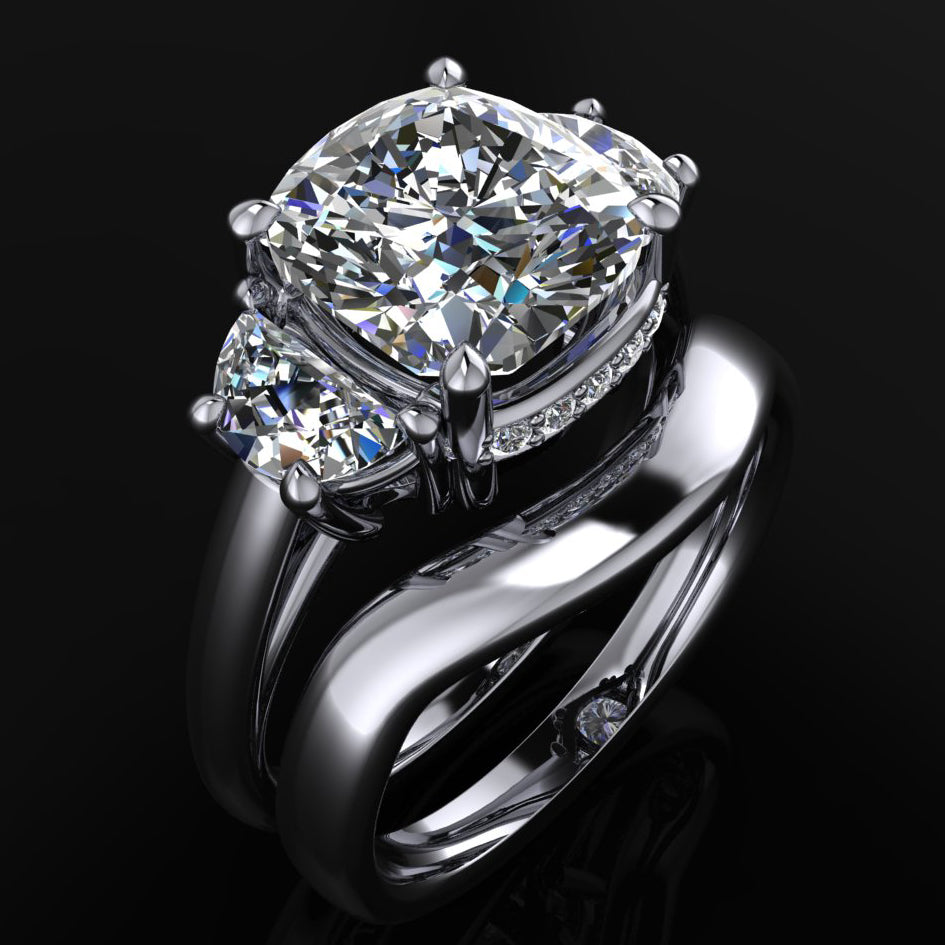 ava 3 stone engagement ring with lab grown diamonds - matching wedding band