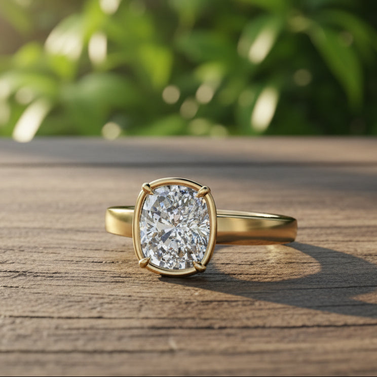 Gold ring with a large diamond on a wooden table with soft greenery in the background.