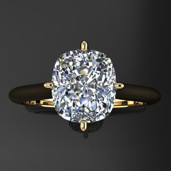 2 carat elongated cushion solitaire ring set with north, south, east, west prongs - top view