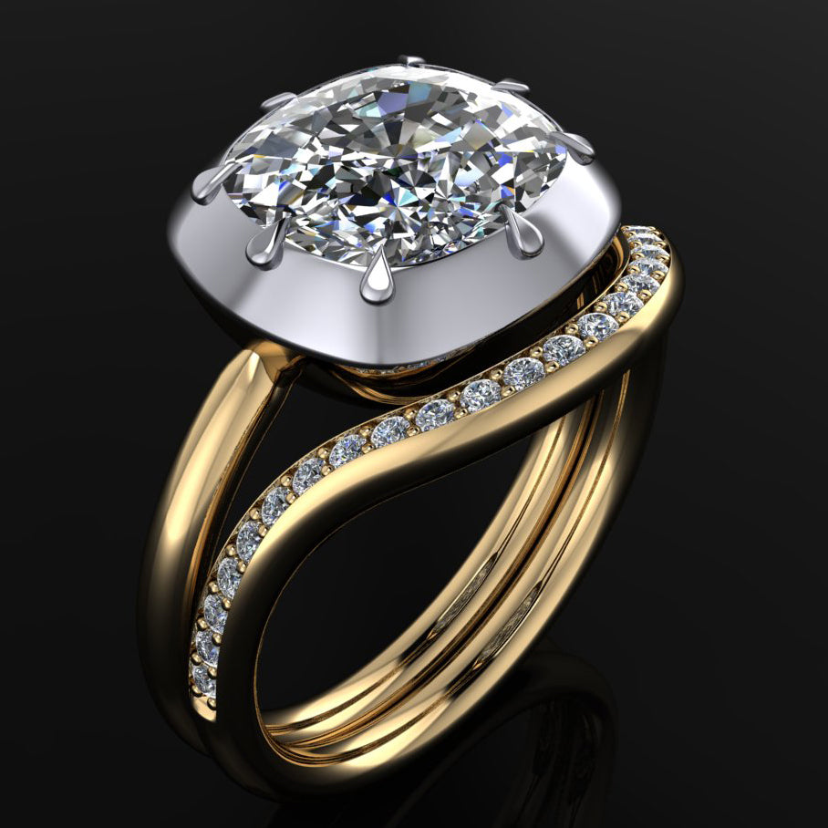 zendaya ring - 3 carat east west cushion engagement ring - matching contoured diamond wedding band