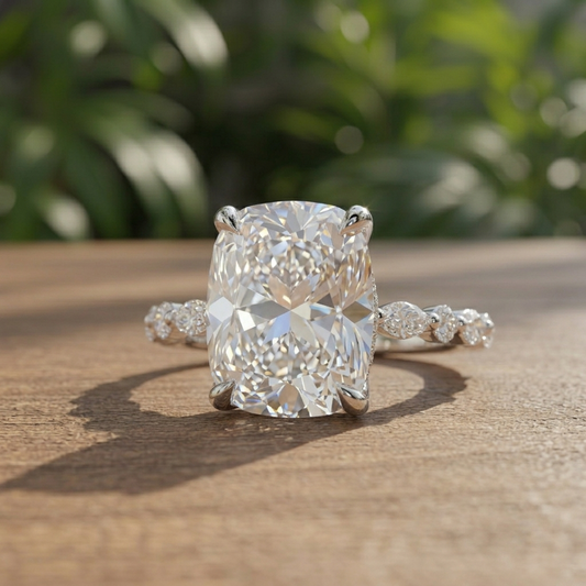 Diamond ring on a wooden surface with a blurred green background