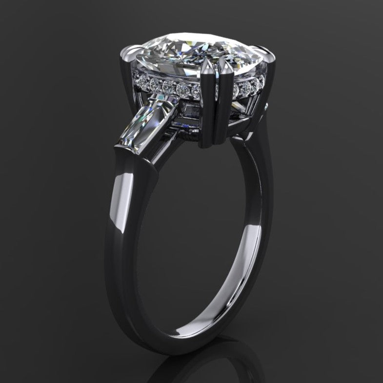 3.5 carat cushion and radiant combination three stone side with a side halo, side view