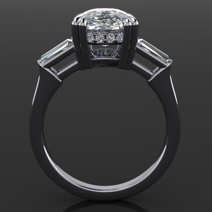 3.5 carat cushion and radiant combination three stone side with a side halo, profile view