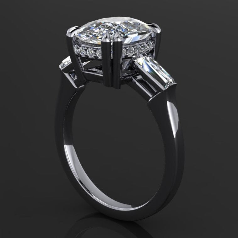 3.5 carat cushion and radiant combination three stone side with a side halo, angle view