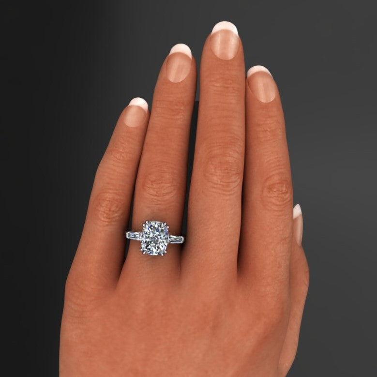 3.5 carat cushion and radiant combination three stone side with a side halo, hand model 