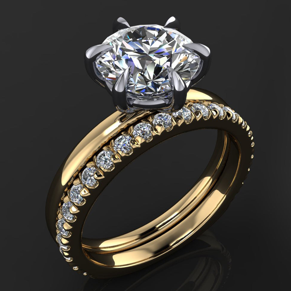2.7 carat round moissanite solitaire ring with 6 claw prongs with wedding band