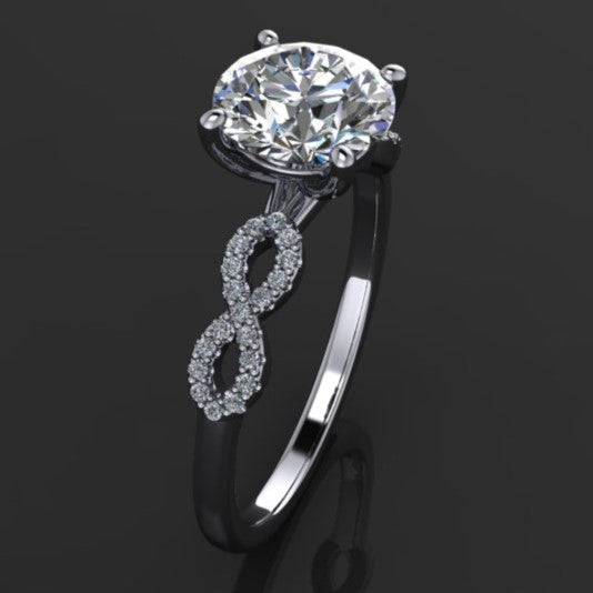 2.7 carat round moissanite infinity engagement ring side view