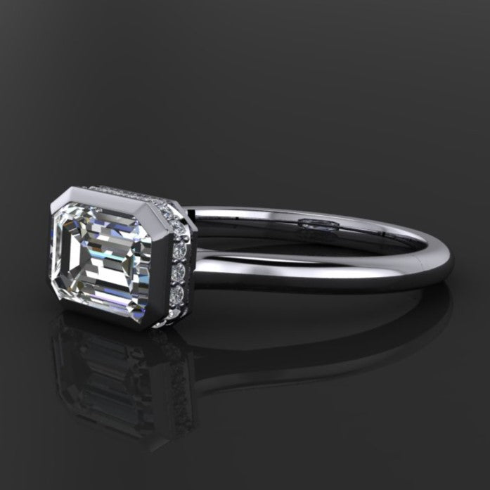 2 carat emerald lab grown diamond, diamond side halo bezel engagement ring, side view, platinum