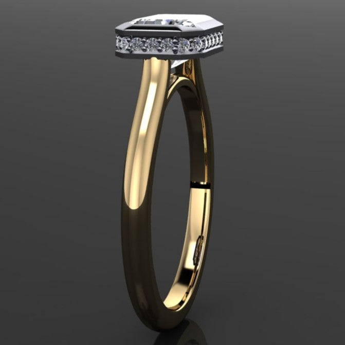 2 carat emerald lab grown diamond, diamond side halo bezel engagement ring, side view