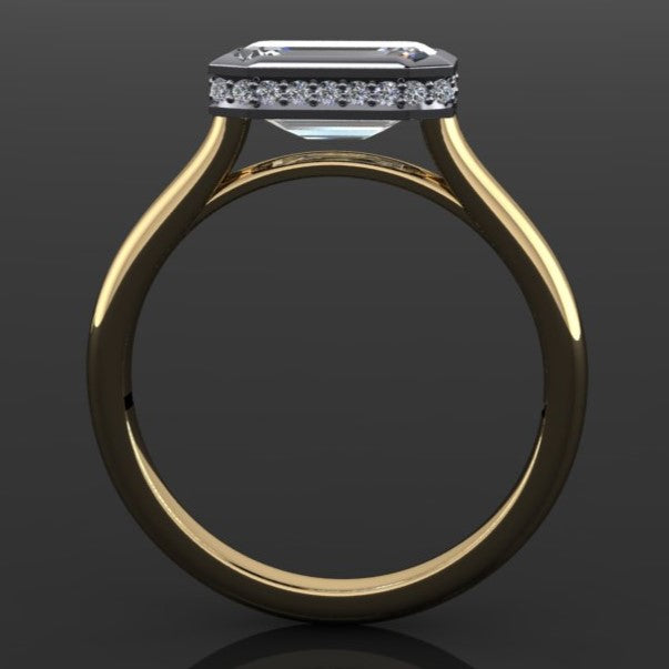 2 carat emerald lab grown diamond, diamond side halo bezel engagement ring, profile view