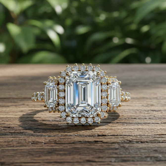 grace ring - 2 carat emerald cut halo engagement ring - laying down view