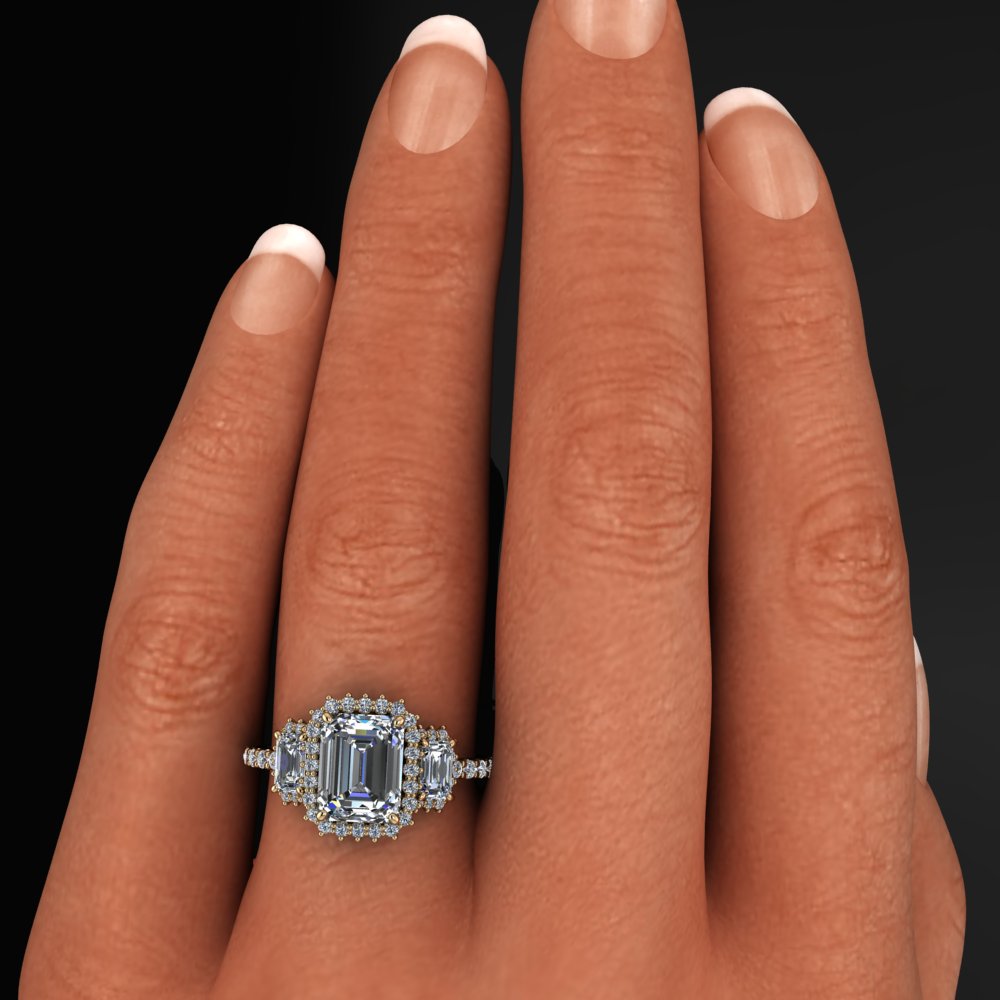 grace ring - 2 carat emerald cut halo engagement ring - model shot