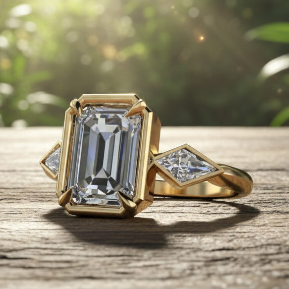 Emerald cut 3 stone ring with kite side stones in solid gold