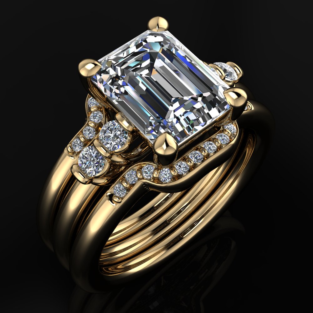 dallas wedding set – 2.5 carat emerald cut moissanite engagement ring, matching diamond bands - J Hollywood Designs