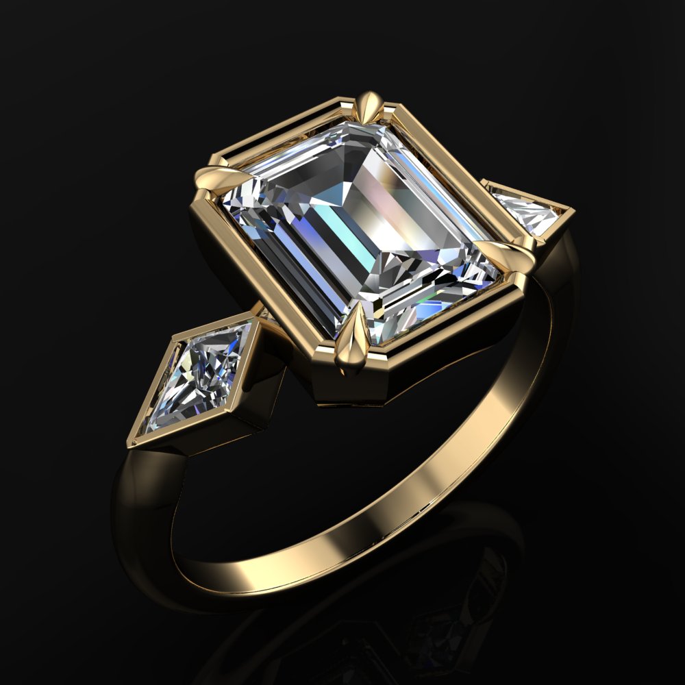 cove ring - 2.5 carat emerald cut lab grown diamond engagement ring, kite ring, past present future - J Hollywood Designs