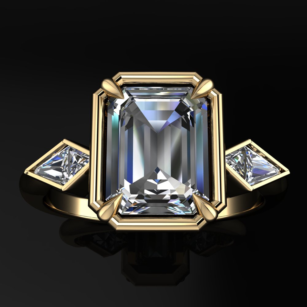 cove ring - 2.5 carat emerald cut lab grown diamond engagement ring, kite ring, past present future - J Hollywood Designs