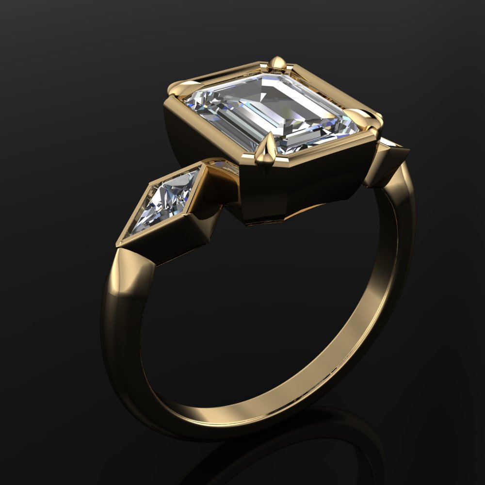 cove ring - 2.5 carat emerald cut lab grown diamond engagement ring, kite ring, past present future - J Hollywood Designs