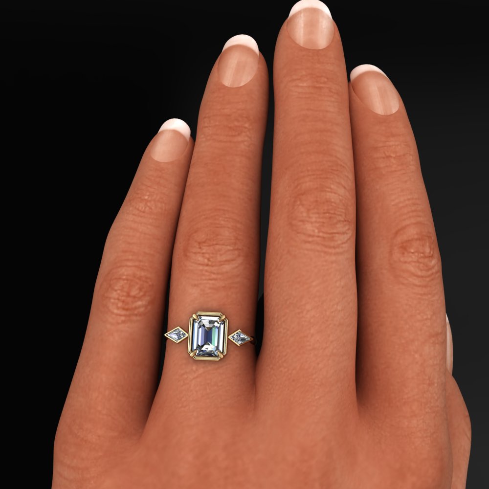 cove ring - 2.5 carat emerald cut lab grown diamond engagement ring, kite ring, past present future - J Hollywood Designs