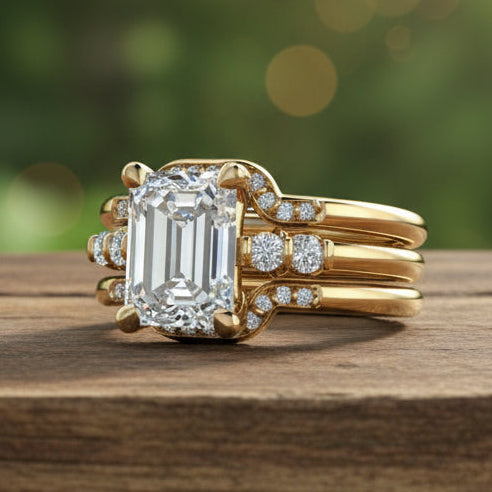 Gold ring with large diamond and smaller diamonds on a reflective surface