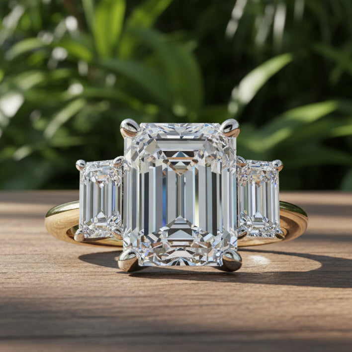 2.5 carat three stone emerald cut engagement ring
