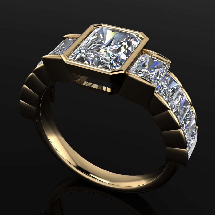 2.5 carat radiant cut engagement ring, side view