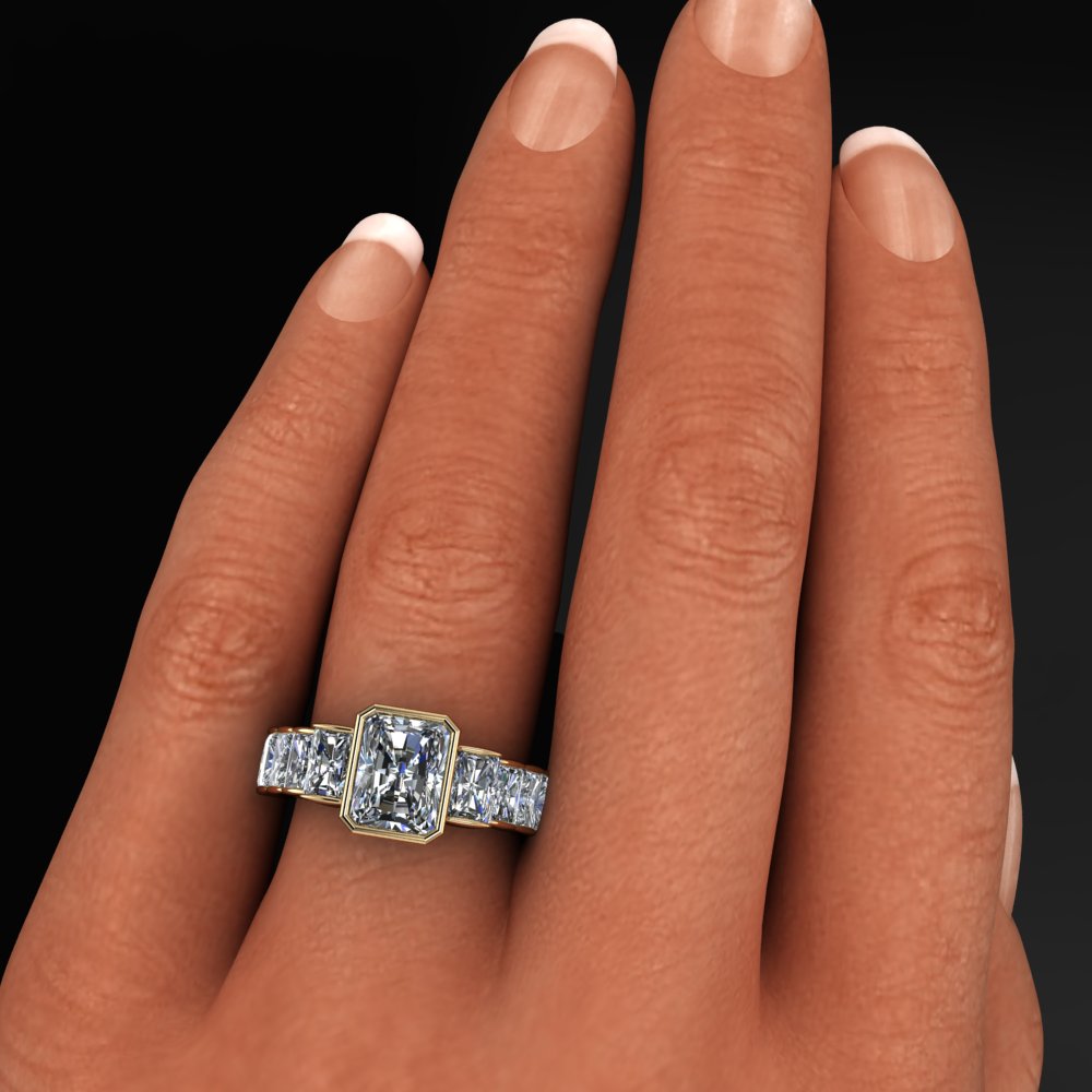 2.5 carat radiant cut engagement ring, model shot