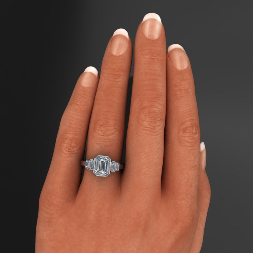 2.5 carat emerald moissanite, 5 stone bezel set ring - hand model