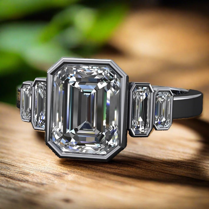 2.5 carat emerald moissanite, 5 stone bezel set ring