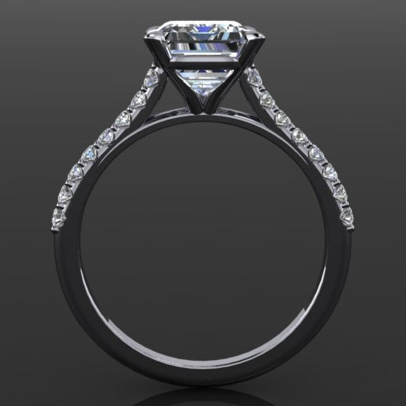 2.5 carat emerald moissanite cathedral engagement ring with a diamond band, profile view