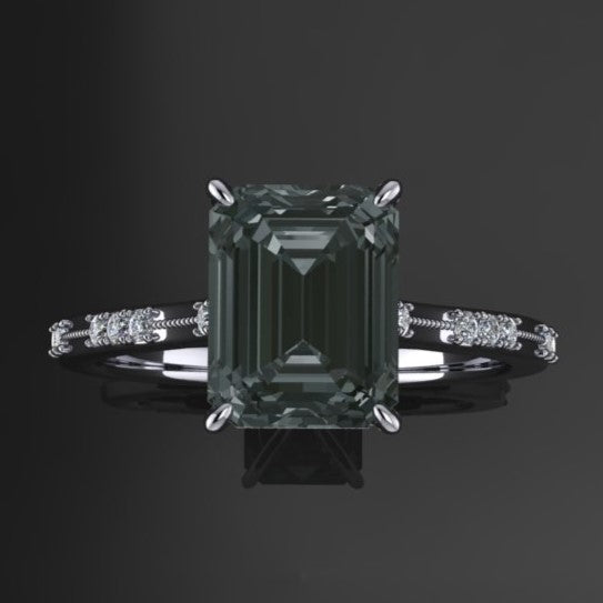 2.5 carat gray criss cut emerald moissanite and diamond ring, top view