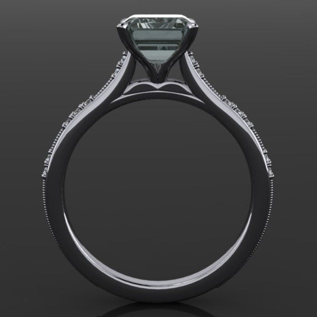 2.5 carat gray criss cut emerald moissanite and diamond ring, profile