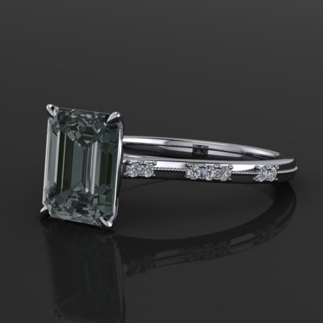 2.5 carat gray criss cut emerald moissanite and diamond ring, side view