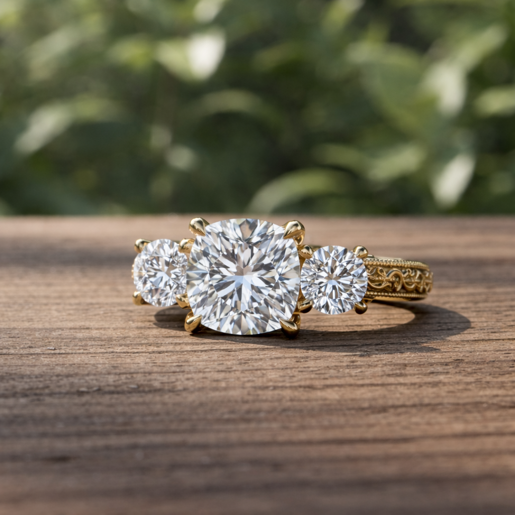 Gold ring with three diamonds on a wooden surface with a blurred green background