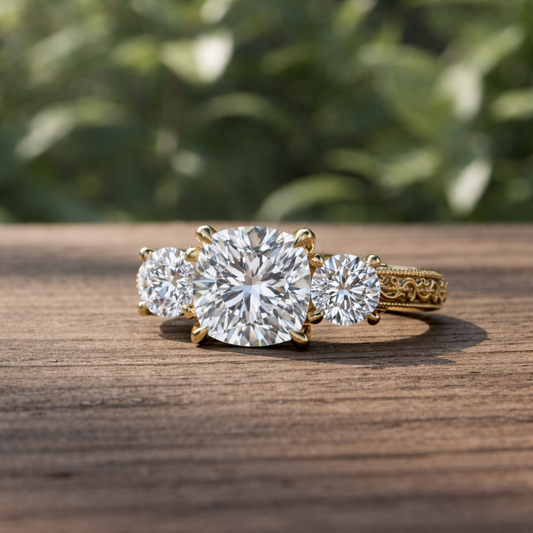 Gold ring with three diamonds on a wooden surface with a blurred green background