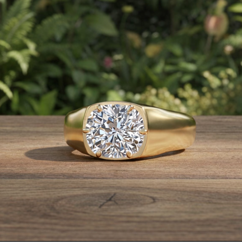 Gold signet style ring with a cushion diamond, set with 6 prongs. It's laying on a rustic wooden table with leaves in the background.