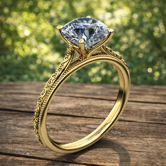 Gold ring with a large diamond on a wooden surface with a blurred green background
