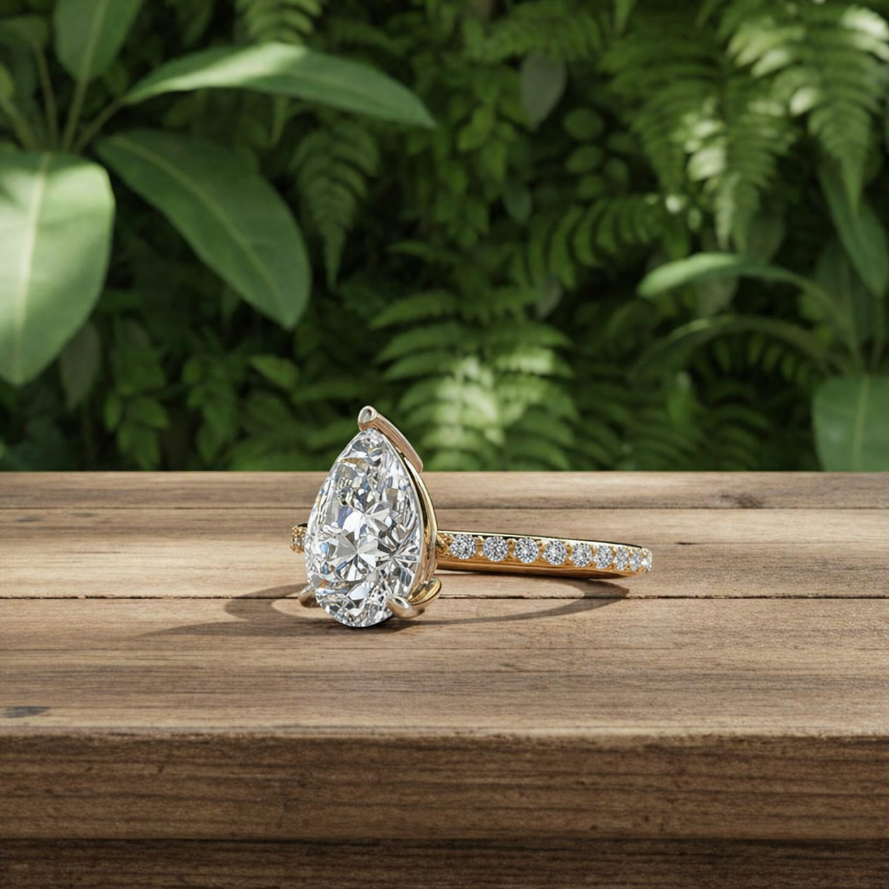 Diamond ring on a wooden surface with a natural green background